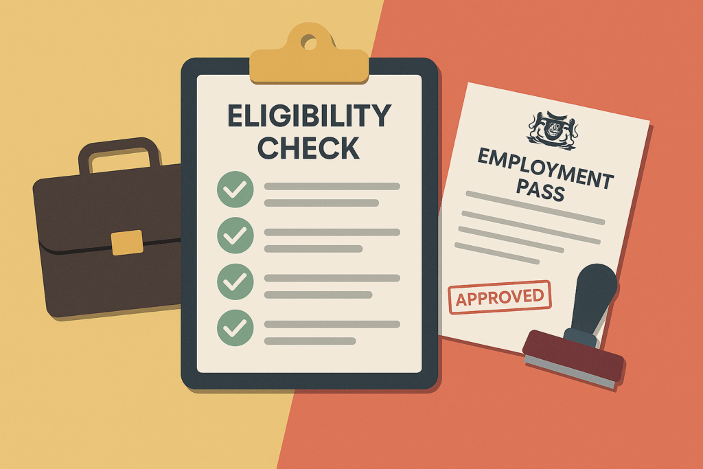 Flat-style illustration of an employment pass eligibility check with a checklist, briefcase, approved employment pass document, and rubber stamp.