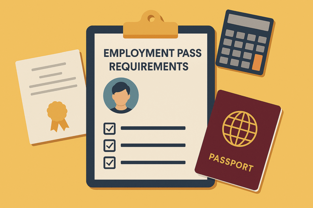 Flat-style illustration of a clipboard with employment pass requirements checklist, certificate, calculator, and passport on a yellow background