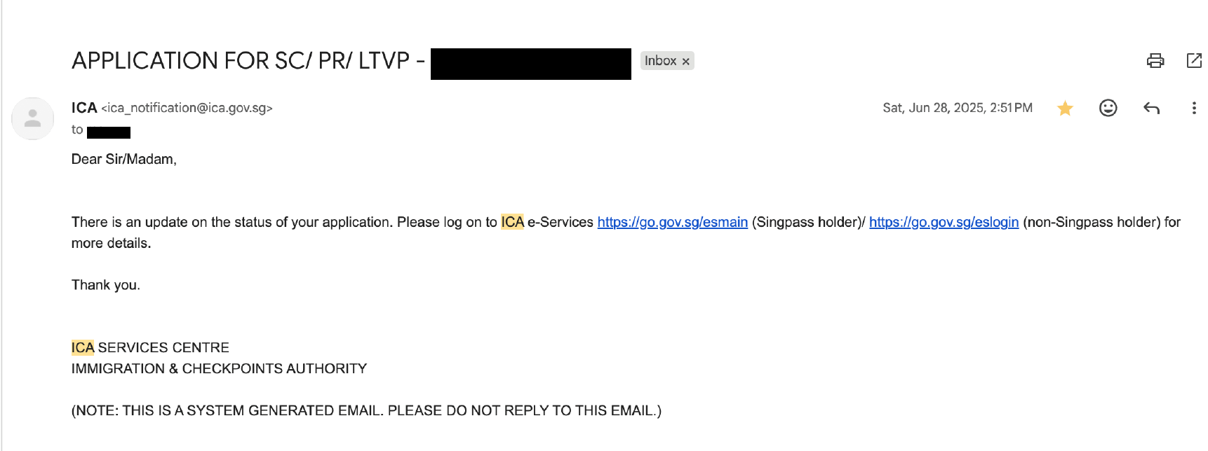 ICA Singapore PR outcome notification email example