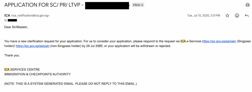 ICA Singapore PR clarification request email example