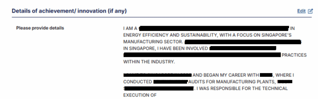 ICA Singapore PR application achievements and innovation section example