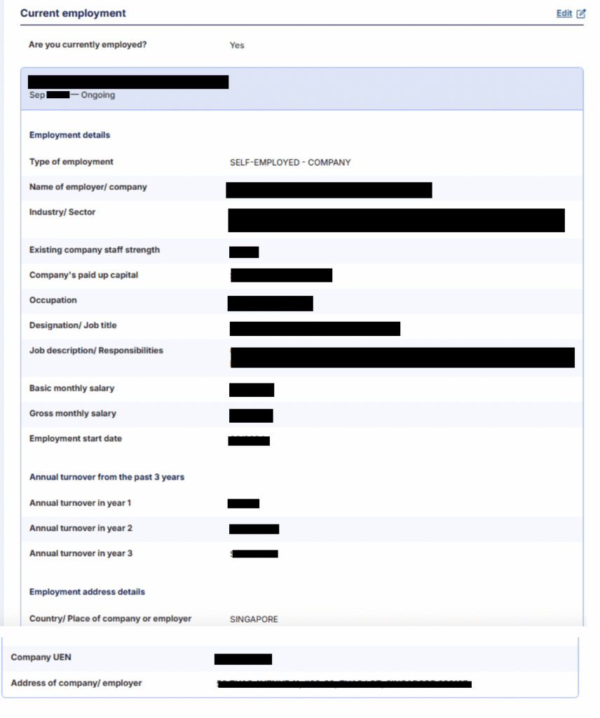 ICA Singapore PR application employment and business details example