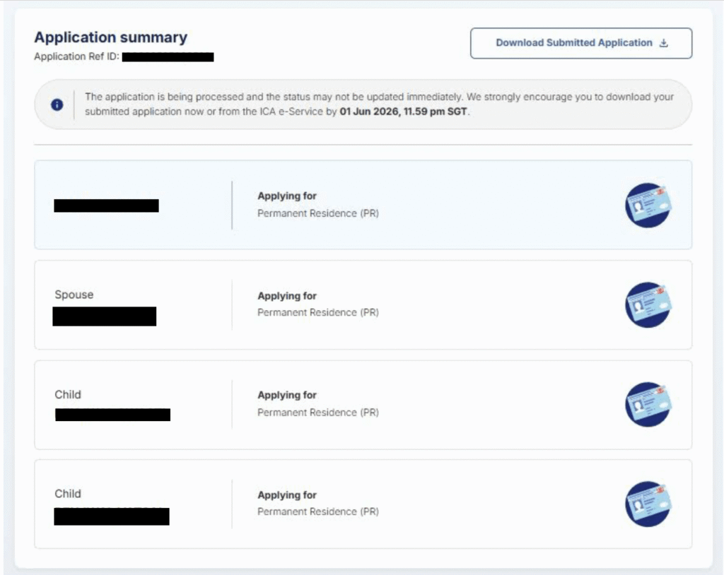 ICA Singapore PR submitted application summary and pending processing status