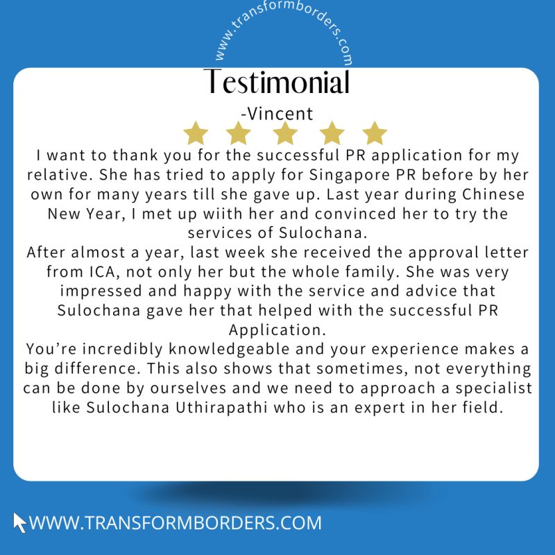 Blue testimonial card from Laura — renewed Singapore Employment Pass success