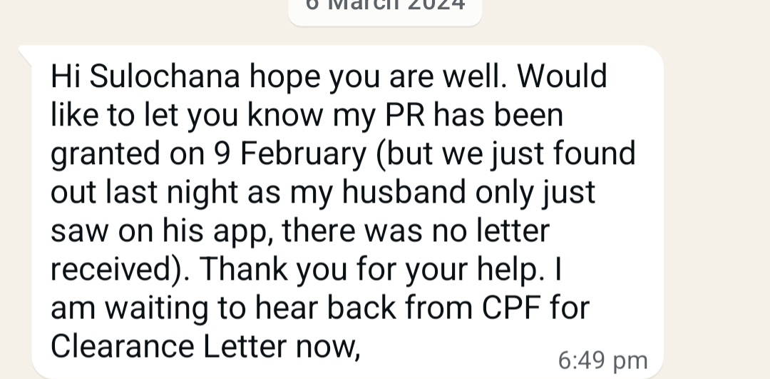 Blue testimonial card from MS — Singapore PR approved after 4 previous rejections