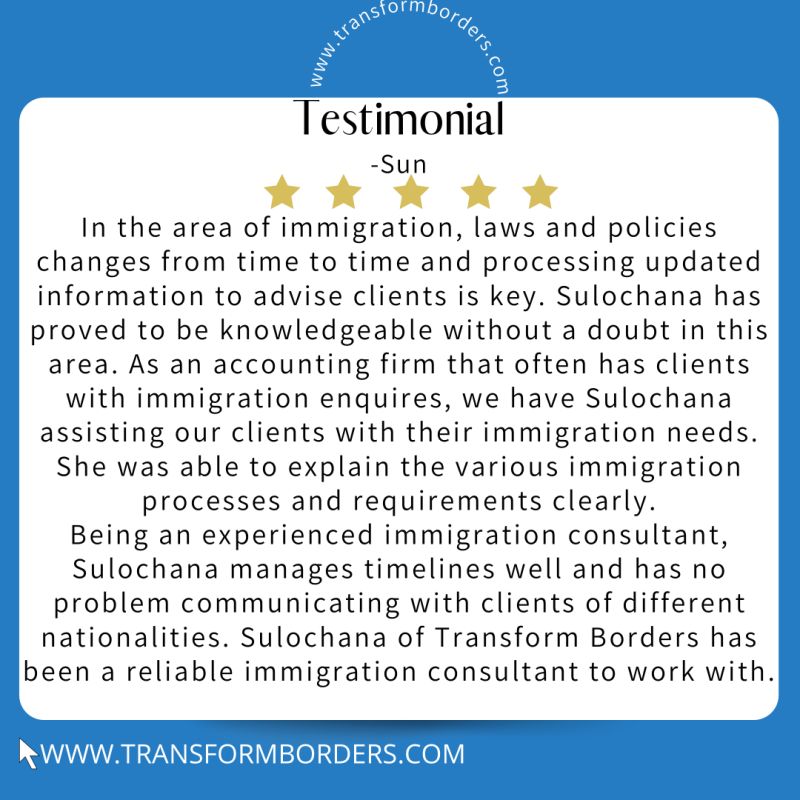 Blue testimonial card from A. M. Ferrao — 9-year complicated immigration case resolved