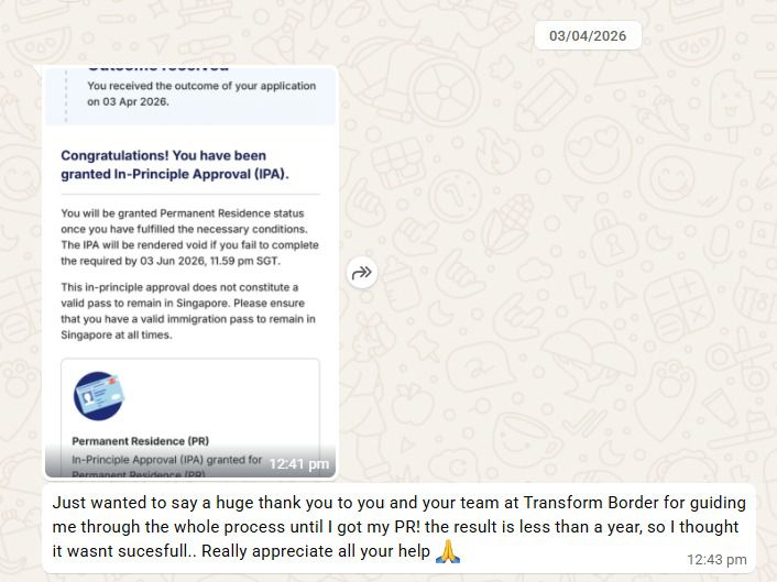 Blue testimonial card from Vincent — successful Singapore PR application