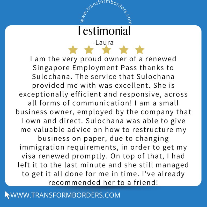 Blue testimonial card from N. Lloyd — Singapore work permission and visa support